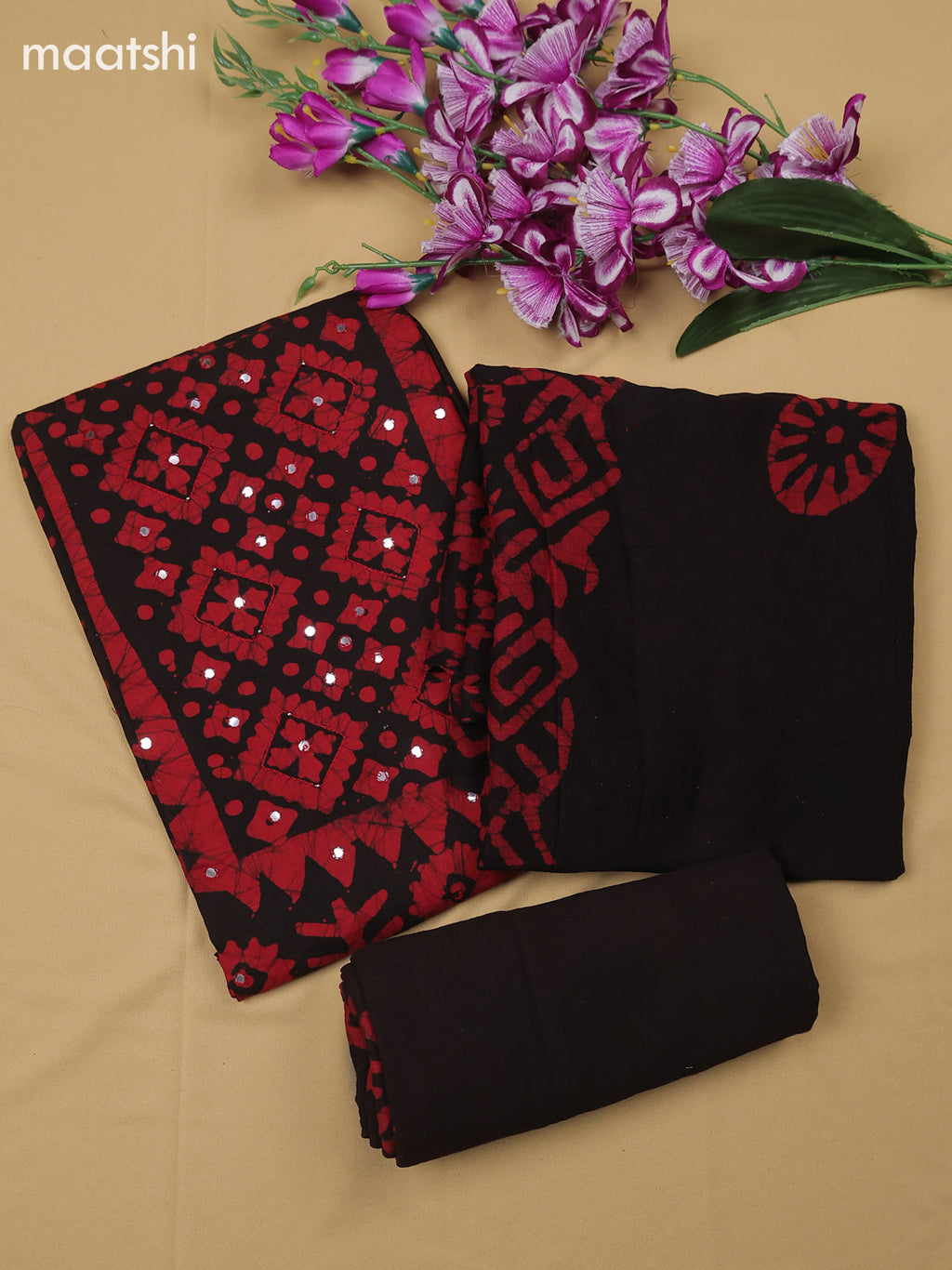 Red and Black Cotton Dress Material With Batik Prints & Simple Embroidery Work Neck Pattern