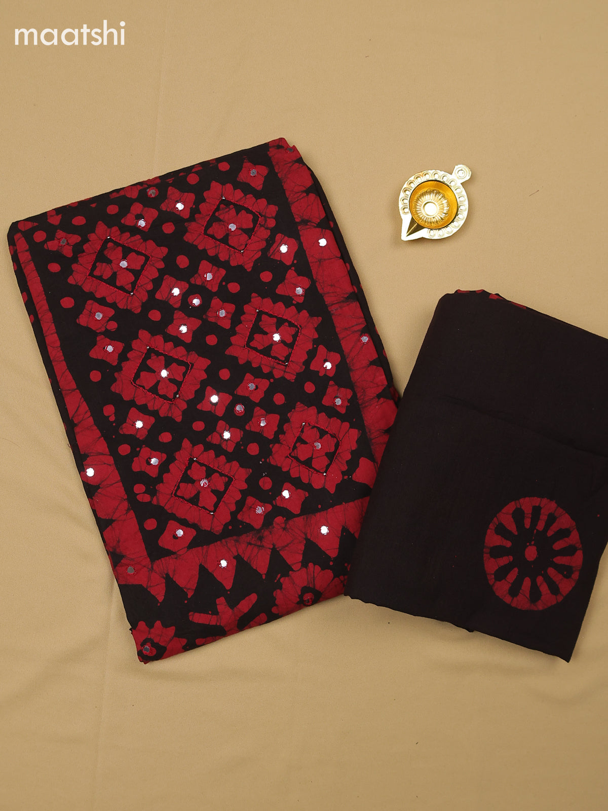 Red and Black Cotton Dress Material With Batik Prints & Simple Embroidery Work Neck Pattern