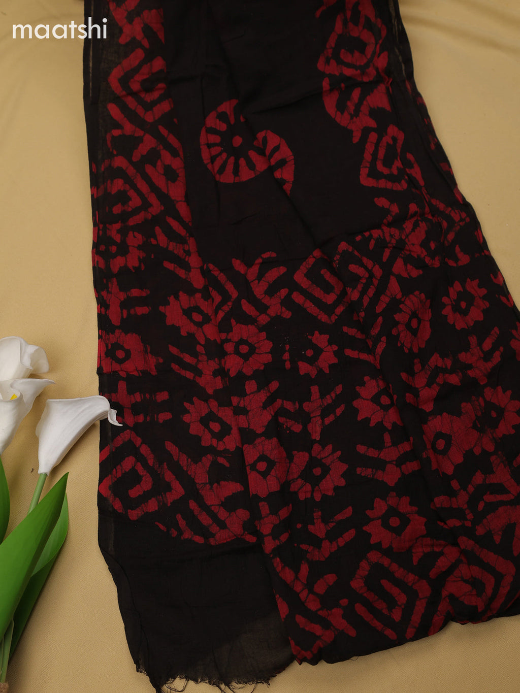 Red and Black Cotton Dress Material With Batik Prints & Simple Embroidery Work Neck Pattern