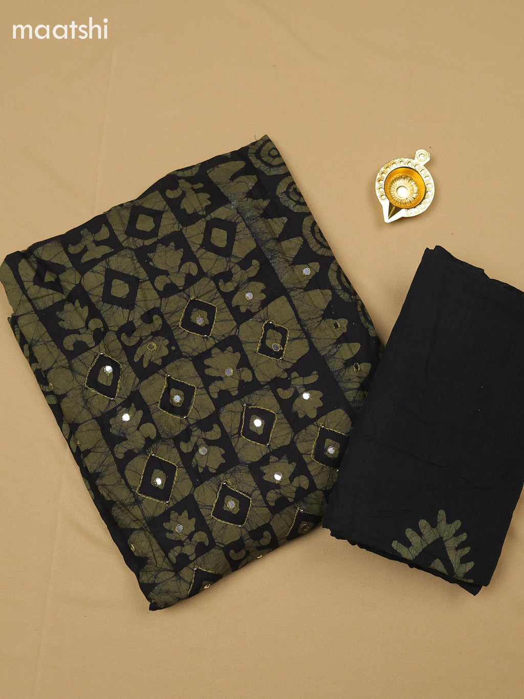 Green and Black Cotton Dress Material With Batik Prints & Simple Embroidery Work Neck Pattern