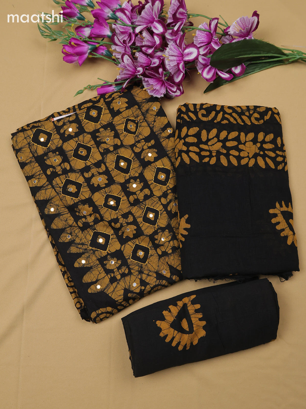 Mustard Yellow and Black Cotton Dress Material With Batik Prints & Simple Embroidery Work Neck Pattern