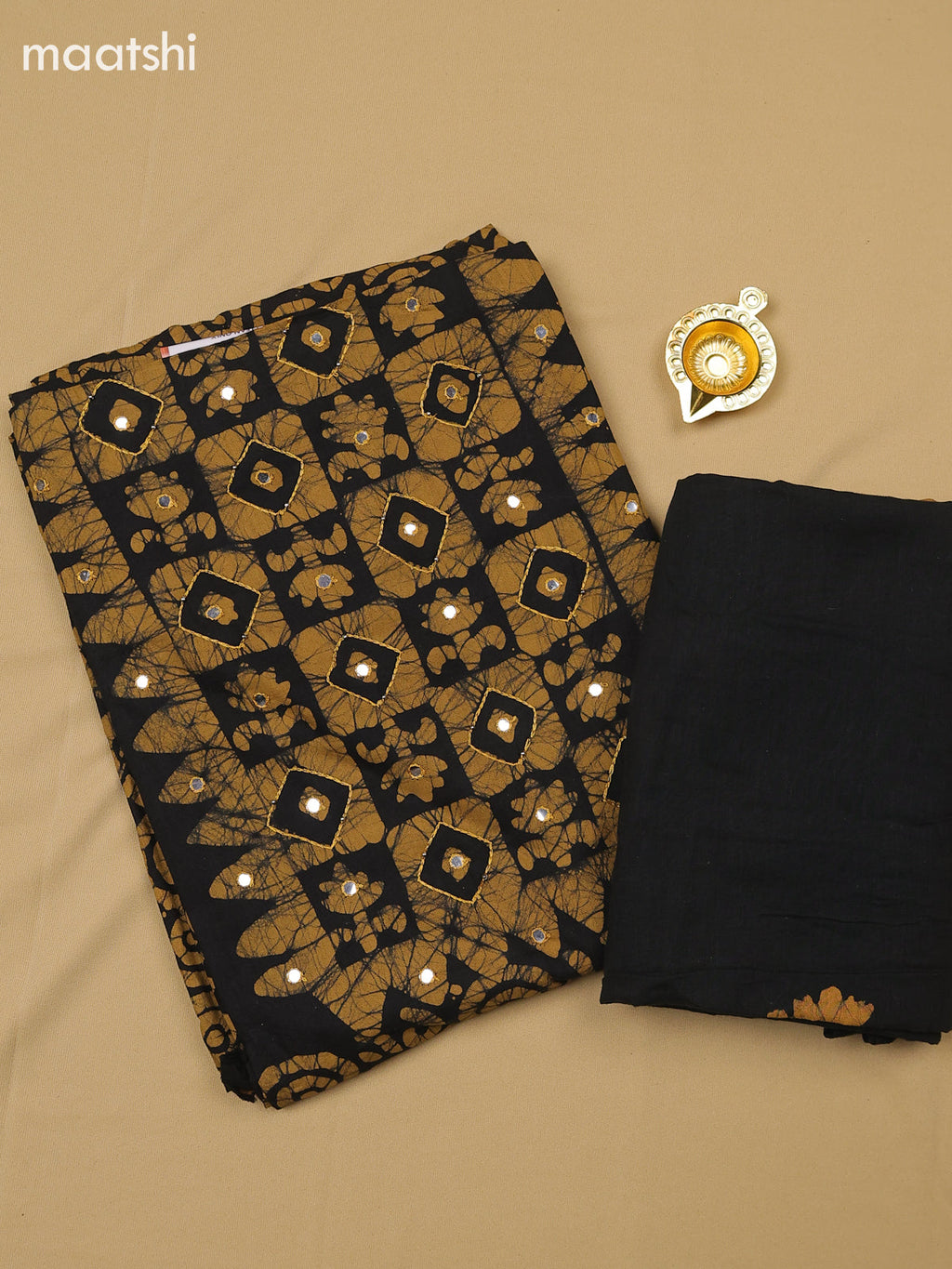 Mustard Yellow and Black Cotton Dress Material With Batik Prints & Simple Embroidery Work Neck Pattern