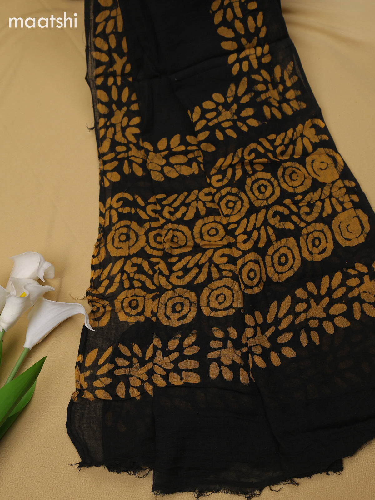 Mustard Yellow and Black Cotton Dress Material With Batik Prints & Simple Embroidery Work Neck Pattern