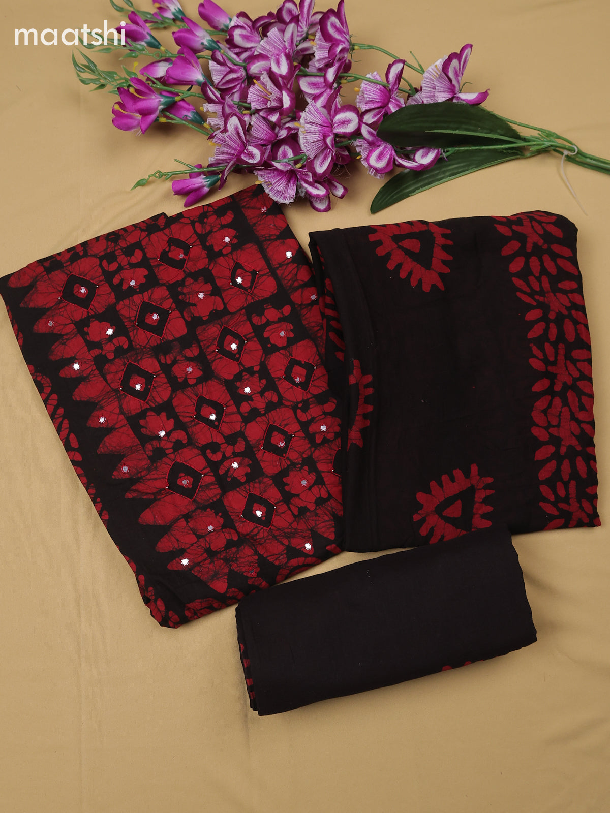 Red and Black Cotton Dress Material With Batik Prints & Simple Embroidery Work Neck Pattern