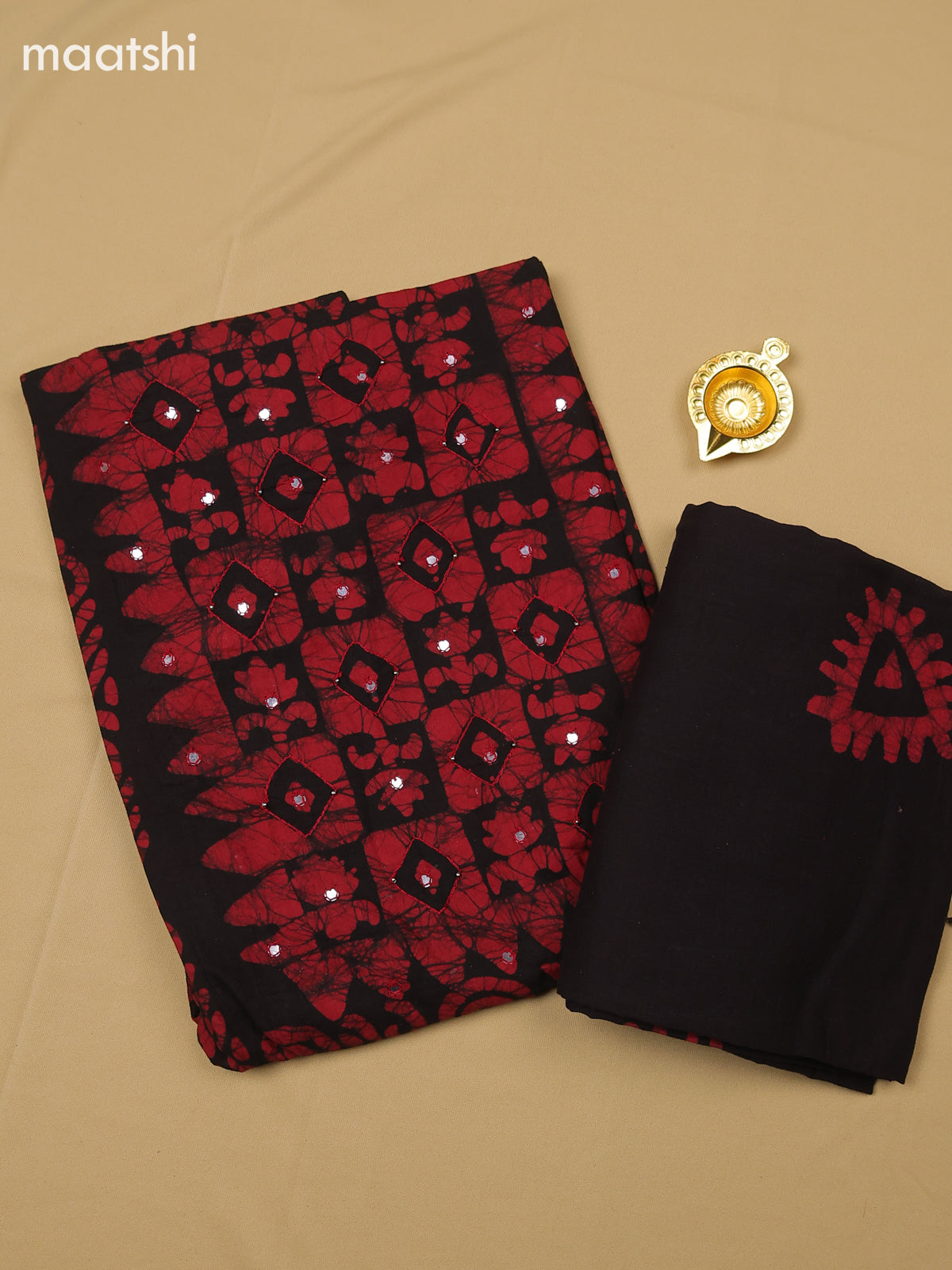 Red and Black Cotton Dress Material With Batik Prints & Simple Embroidery Work Neck Pattern