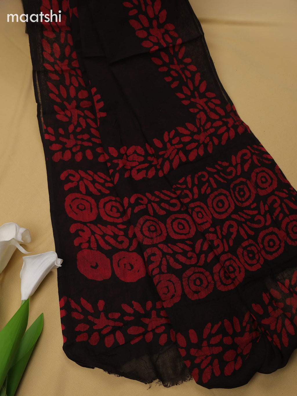 Red and Black Cotton Dress Material With Batik Prints & Simple Embroidery Work Neck Pattern