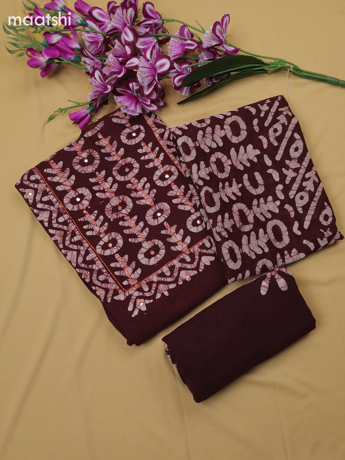 Brown Cotton Dress Material With Batik Prints & Simple Embroidery Work Neck Pattern