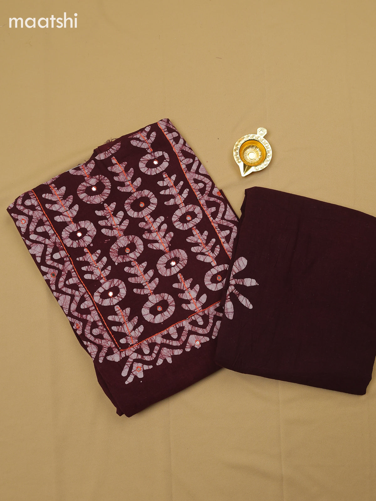 Brown Cotton Dress Material With Batik Prints & Simple Embroidery Work Neck Pattern