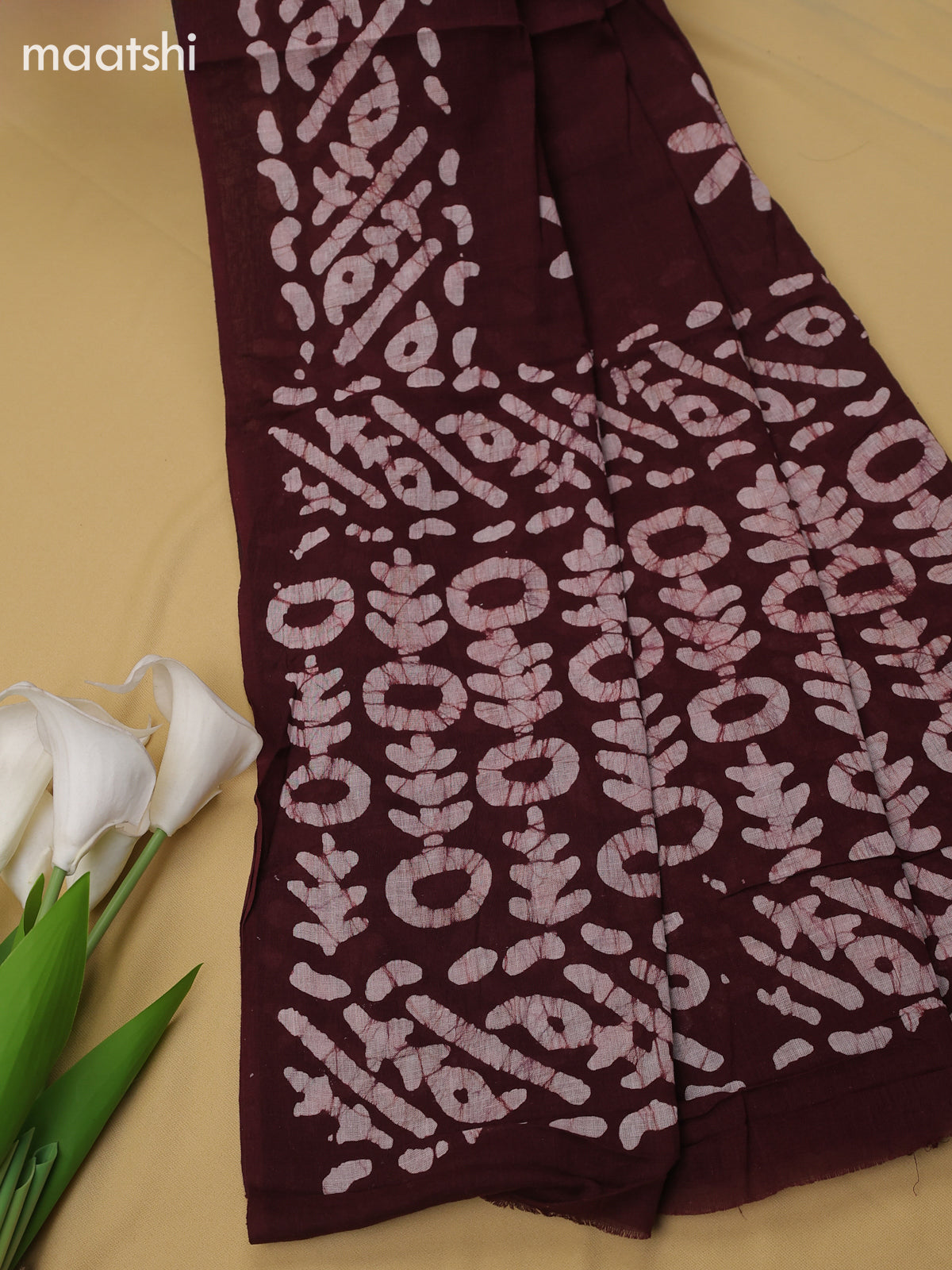 Brown Cotton Dress Material With Batik Prints & Simple Embroidery Work Neck Pattern