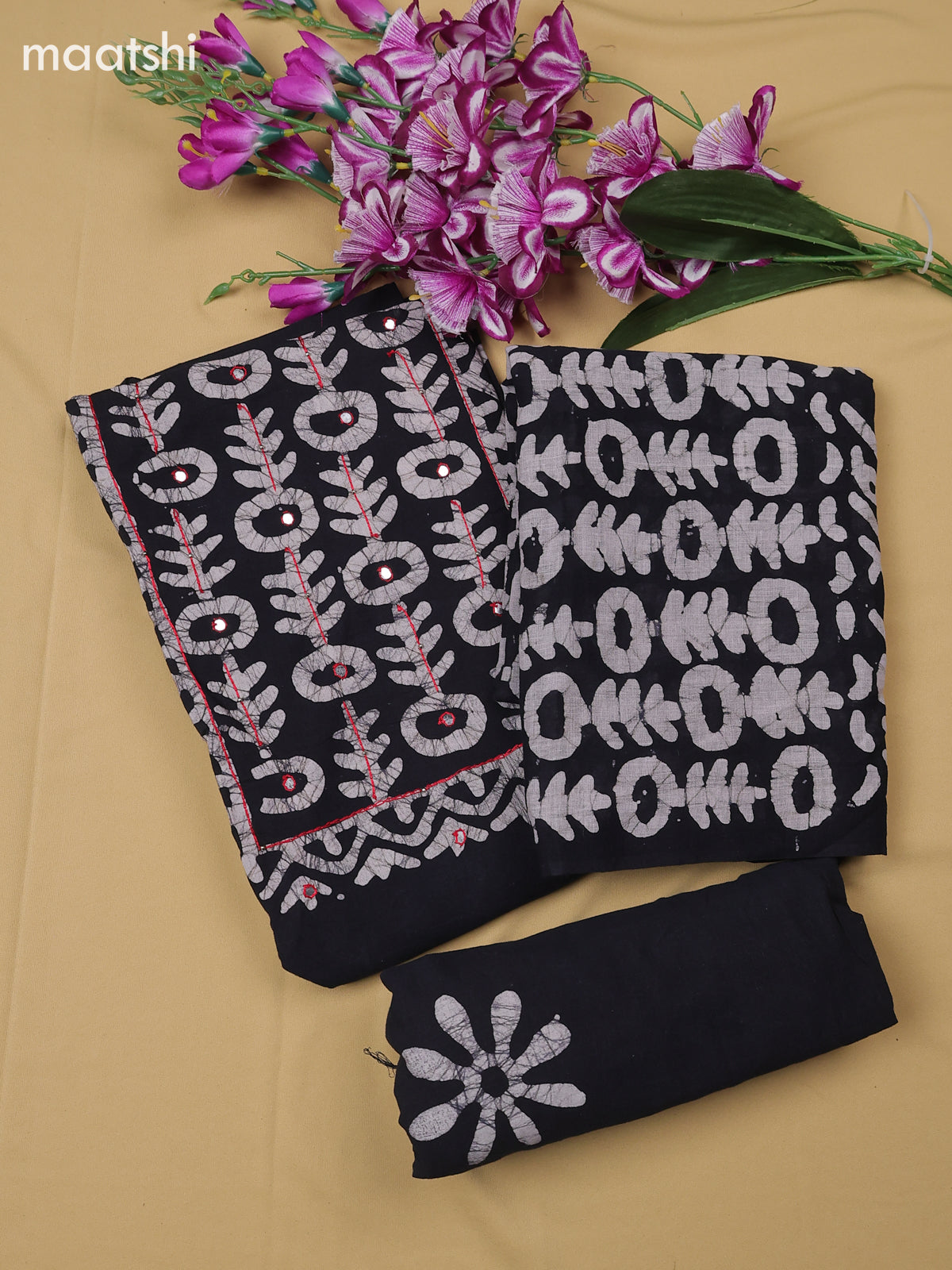Black Cotton Dress Material With Batik Prints & Simple Embroidery Work Neck Pattern