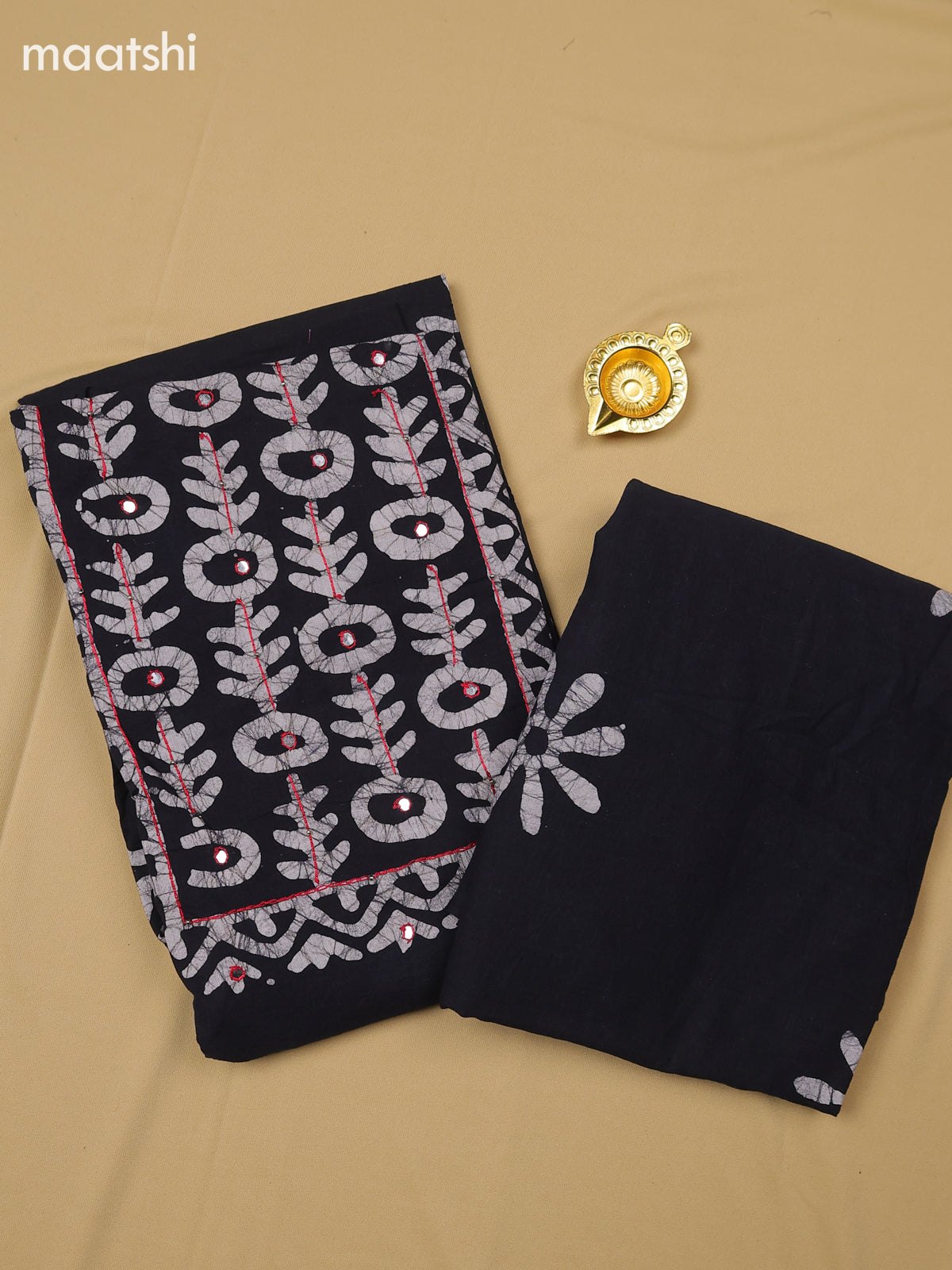 Black Cotton Dress Material With Batik Prints & Simple Embroidery Work Neck Pattern