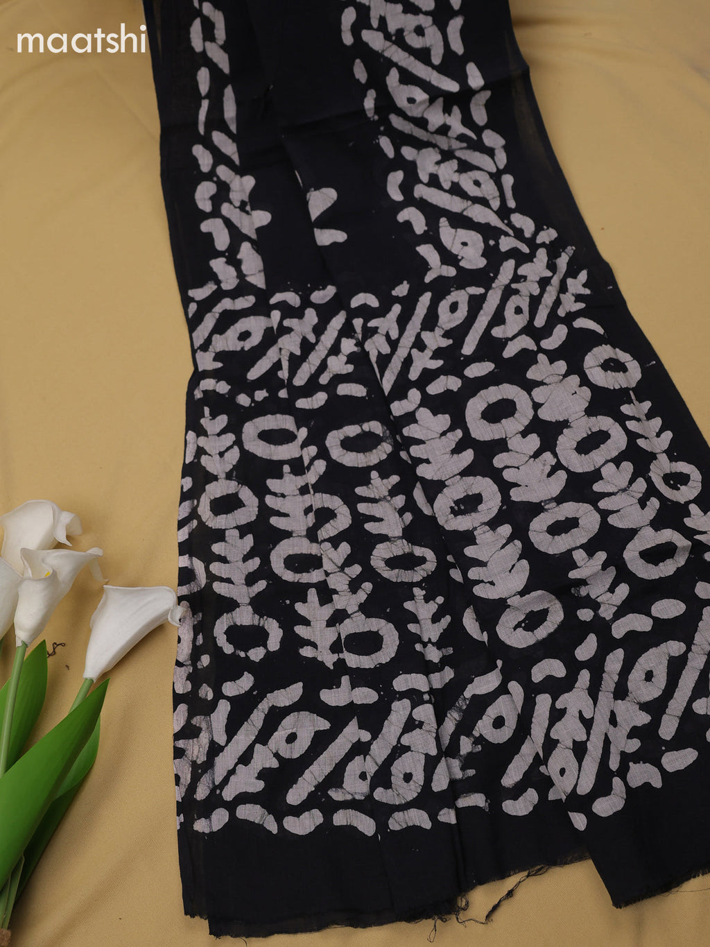 Black Cotton Dress Material With Batik Prints & Simple Embroidery Work Neck Pattern