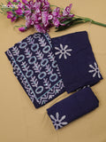 Navy Blue Cotton Dress Material With Batik Prints & Simple Embroidery Work Neck Pattern