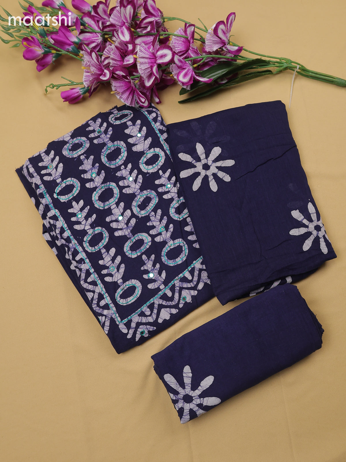 Navy Blue Cotton Dress Material With Batik Prints & Simple Embroidery Work Neck Pattern