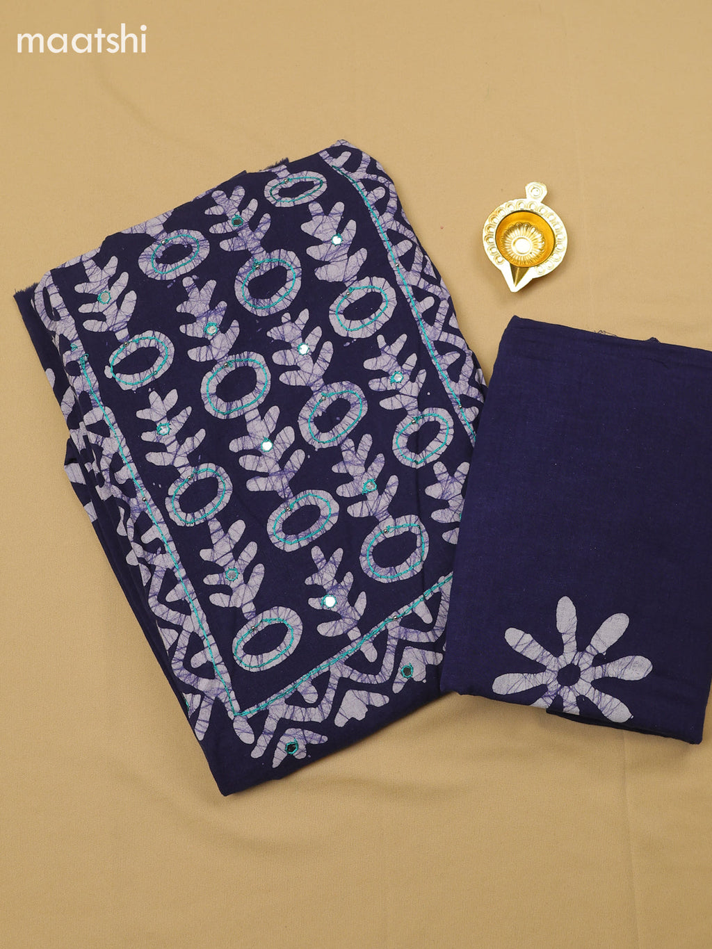 Navy Blue Cotton Dress Material With Batik Prints & Simple Embroidery Work Neck Pattern