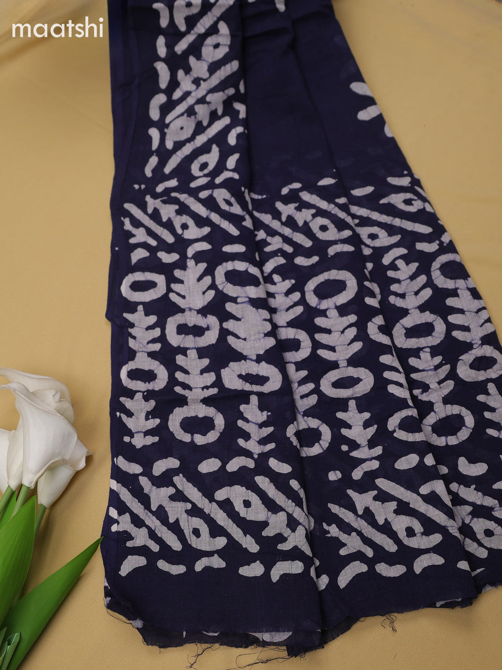 Navy Blue Cotton Dress Material With Batik Prints & Simple Embroidery Work Neck Pattern