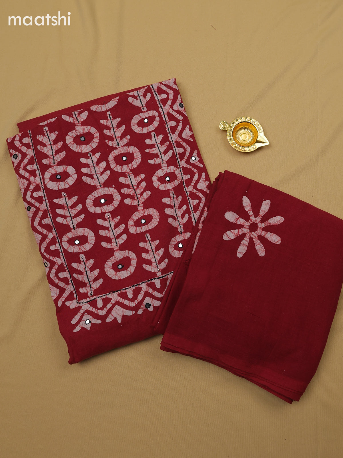 Maroon Cotton Dress Material With Batik Prints & Simple Embroidery Work Neck Pattern