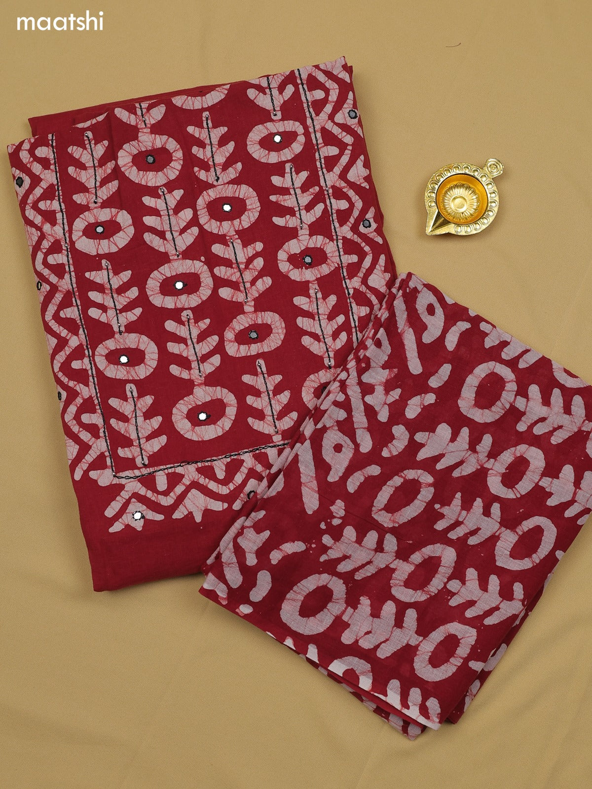 Maroon Cotton Dress Material With Batik Prints & Simple Embroidery Work Neck Pattern