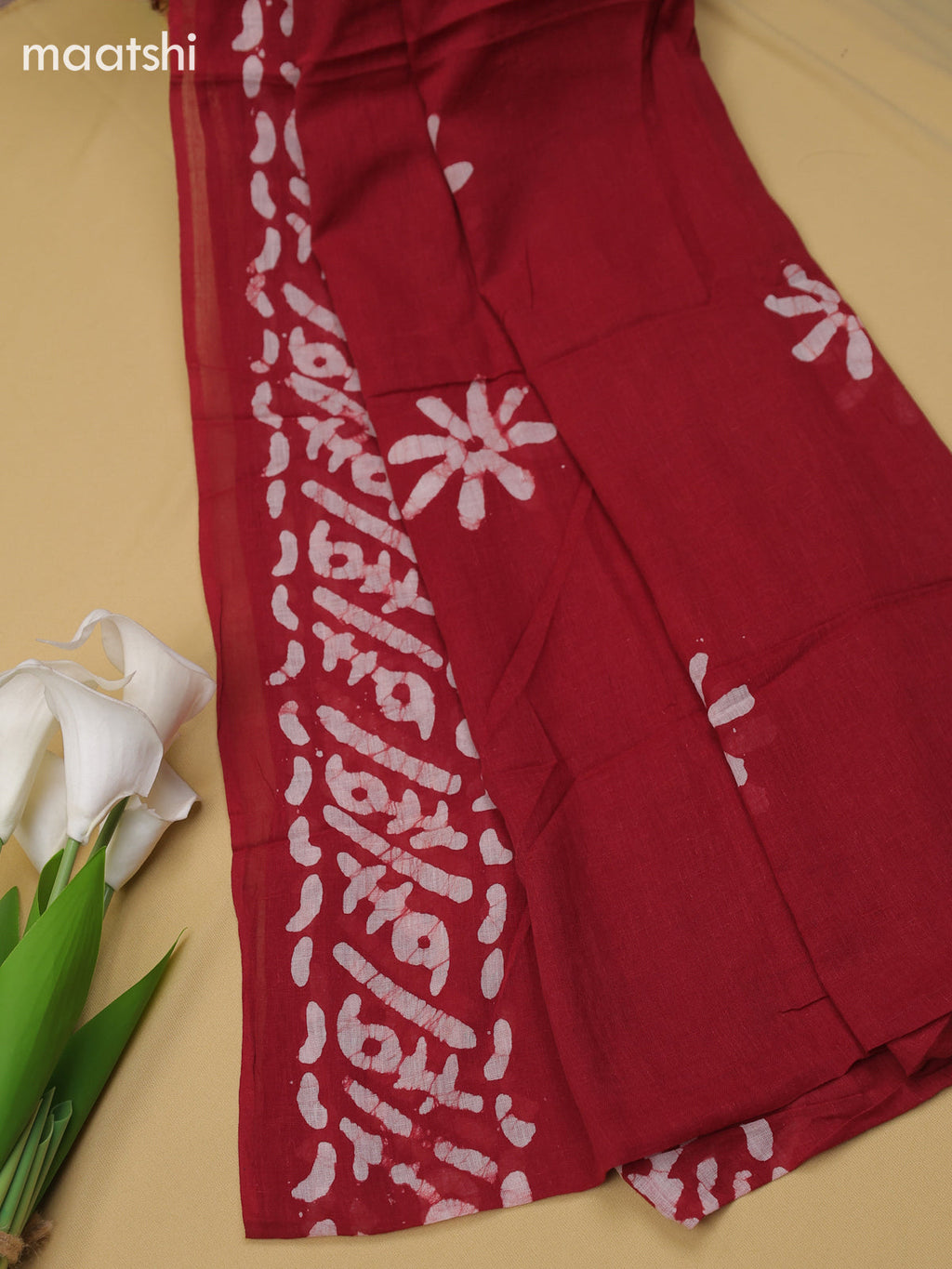 Maroon Cotton Dress Material With Batik Prints & Simple Embroidery Work Neck Pattern