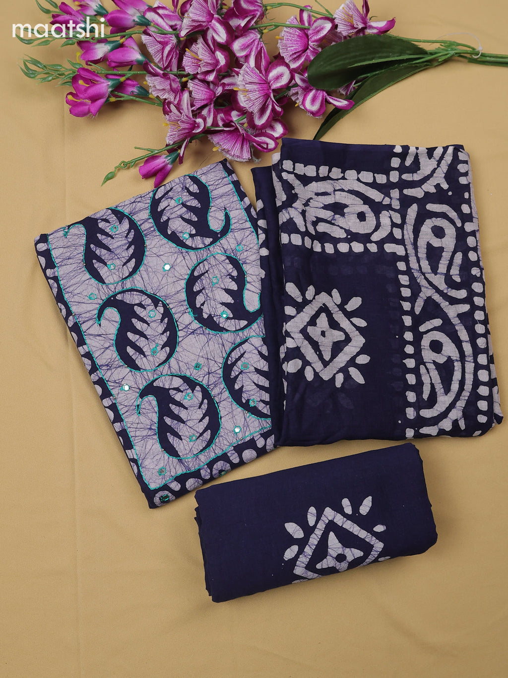 Navy Blue Cotton Dress Material With Batik Prints & Simple Embroidery Work Neck Pattern