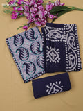 Navy Blue Cotton Dress Material With Batik Prints & Simple Embroidery Work Neck Pattern