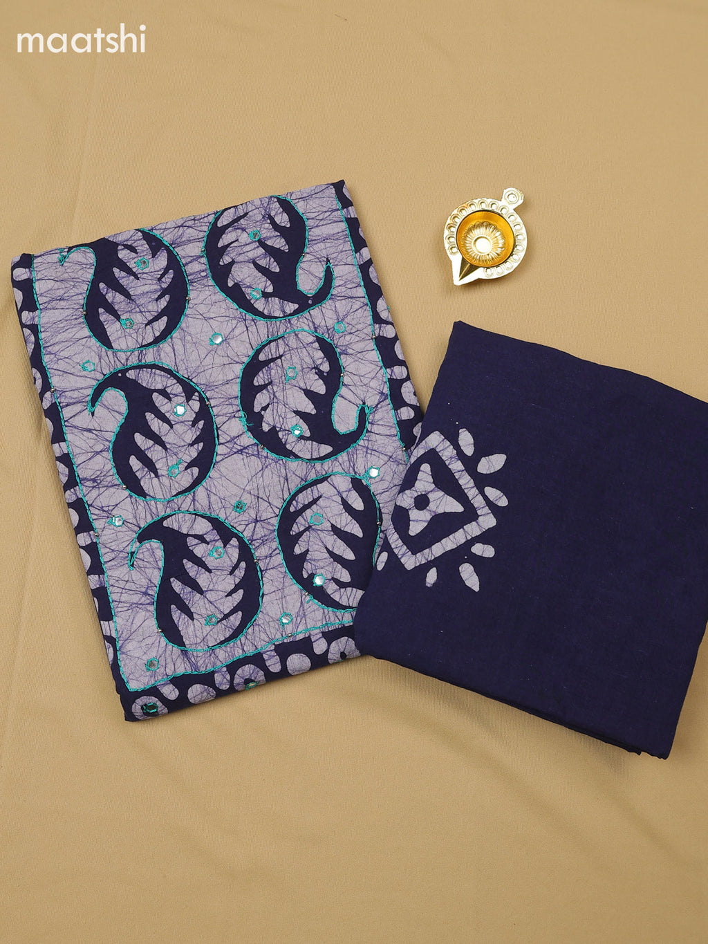 Navy Blue Cotton Dress Material With Batik Prints & Simple Embroidery Work Neck Pattern