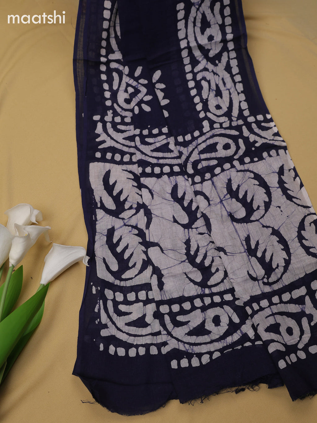 Navy Blue Cotton Dress Material With Batik Prints & Simple Embroidery Work Neck Pattern