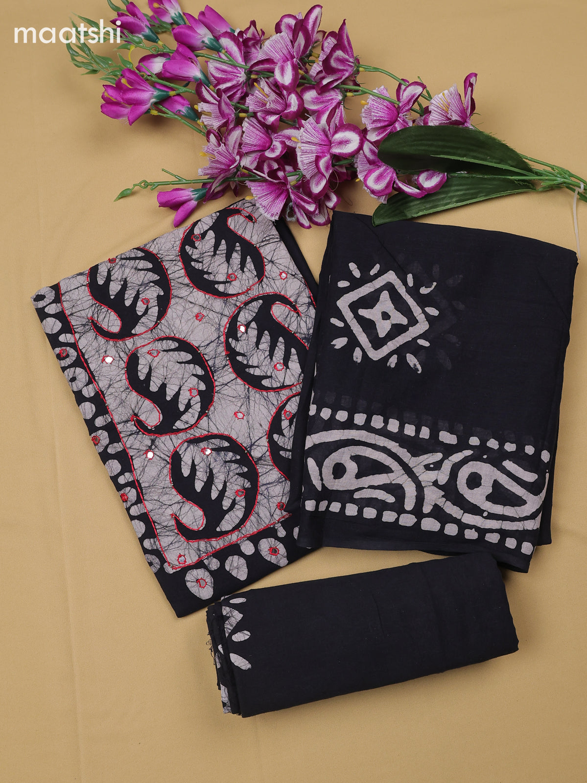 Black Cotton Dress Material With Batik Prints & Simple Embroidery Work Neck Pattern