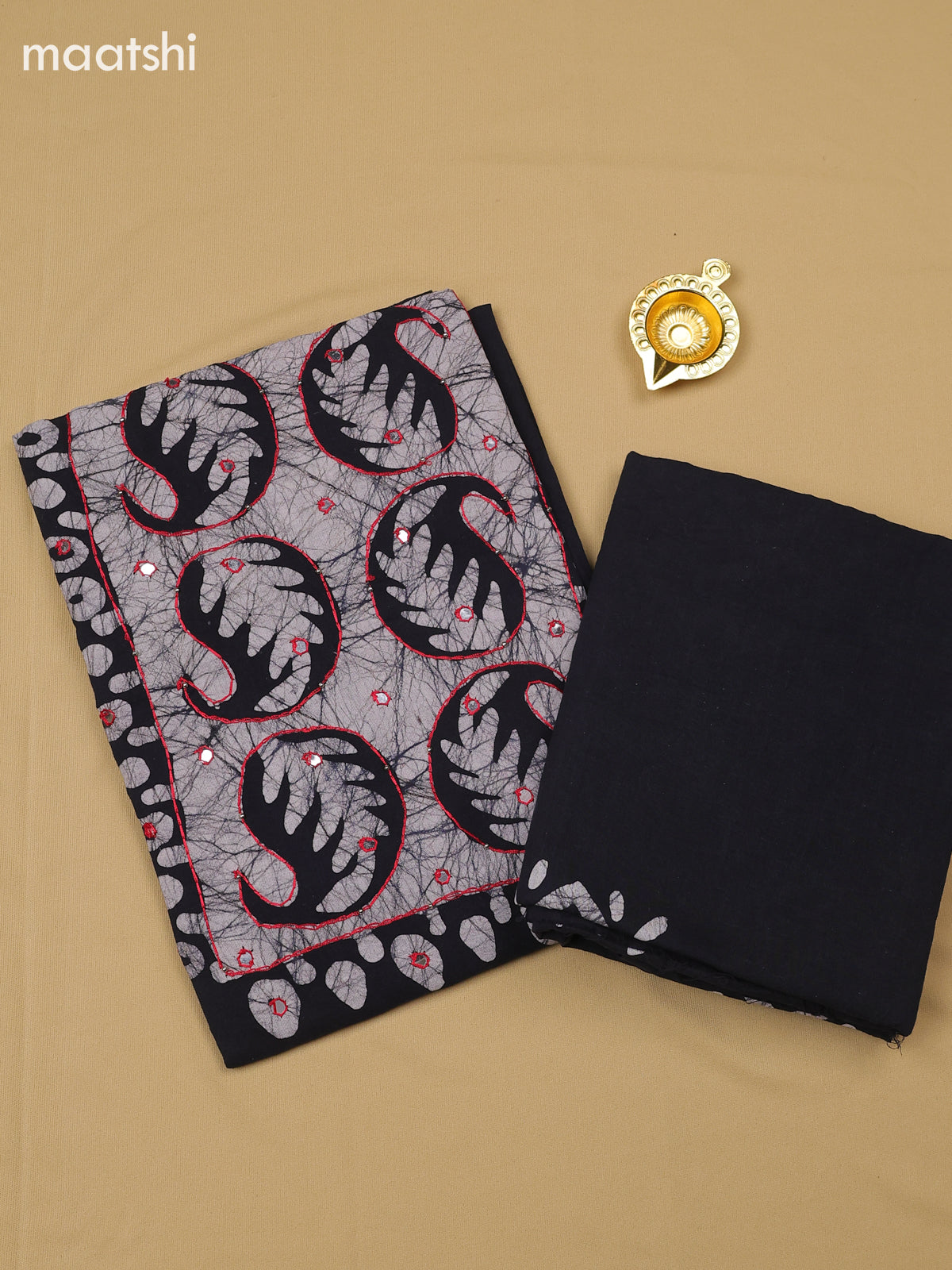 Black Cotton Dress Material With Batik Prints & Simple Embroidery Work Neck Pattern