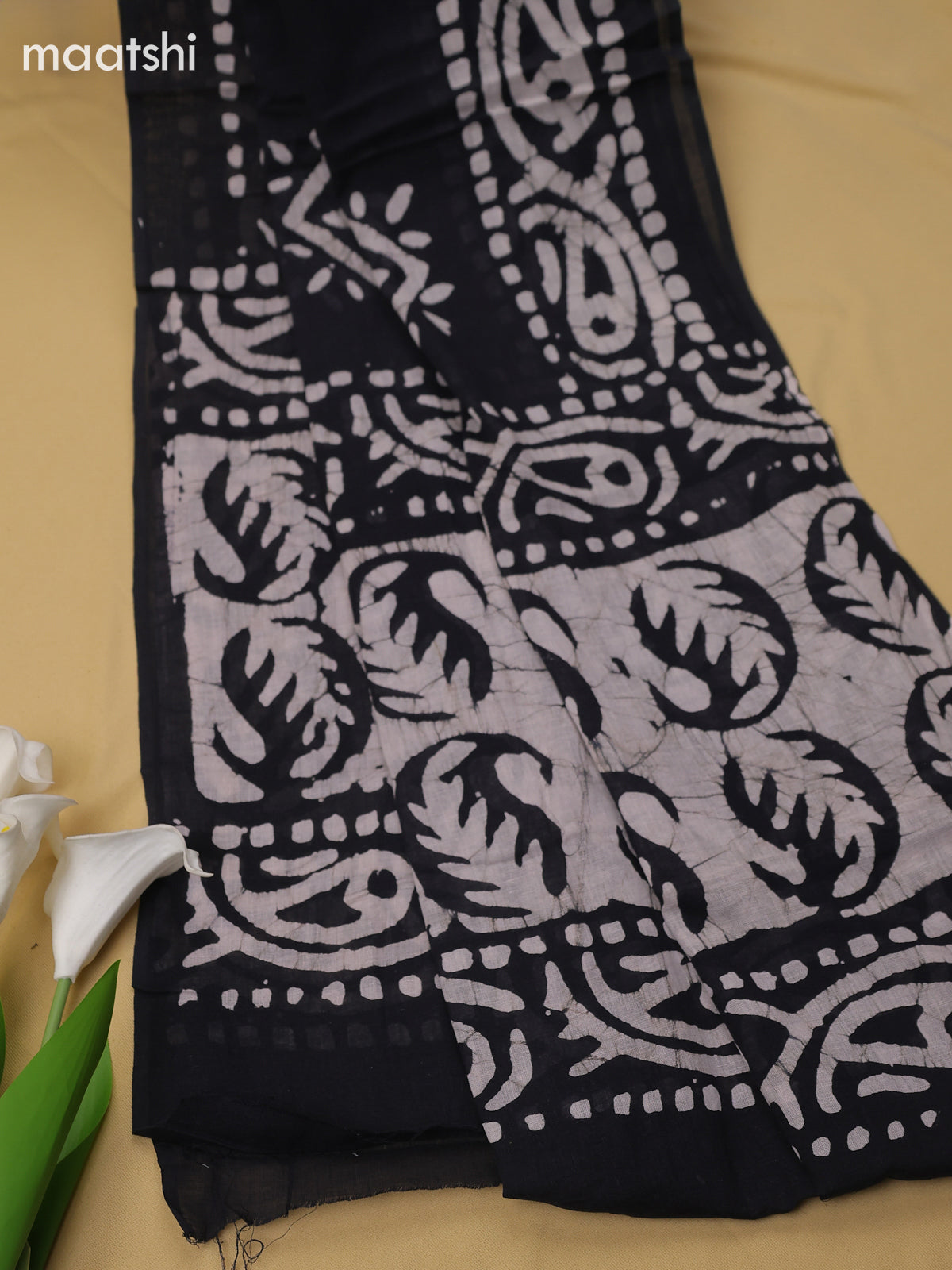 Black Cotton Dress Material With Batik Prints & Simple Embroidery Work Neck Pattern