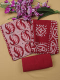 Maroon Cotton Dress Material With Batik Prints & Simple Embroidery Work Neck Pattern
