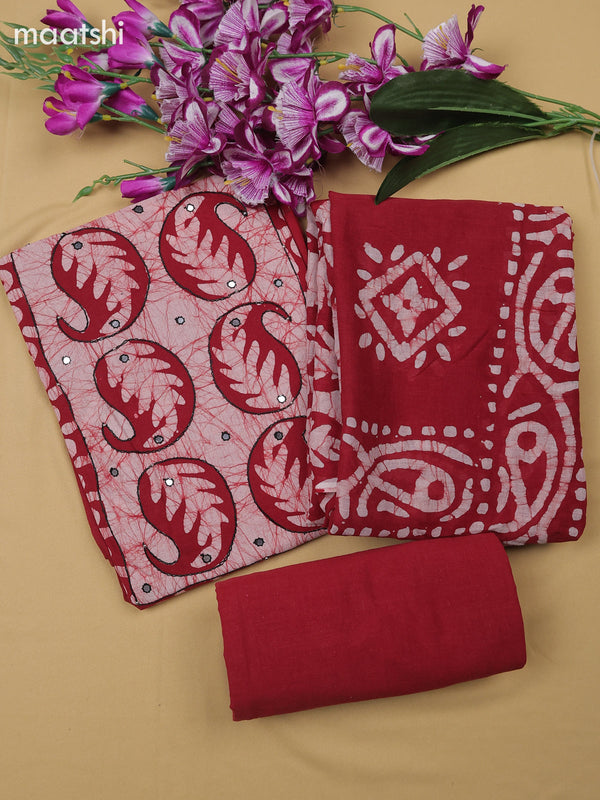 Maroon Cotton Dress Material With Batik Prints & Simple Embroidery Work Neck Pattern