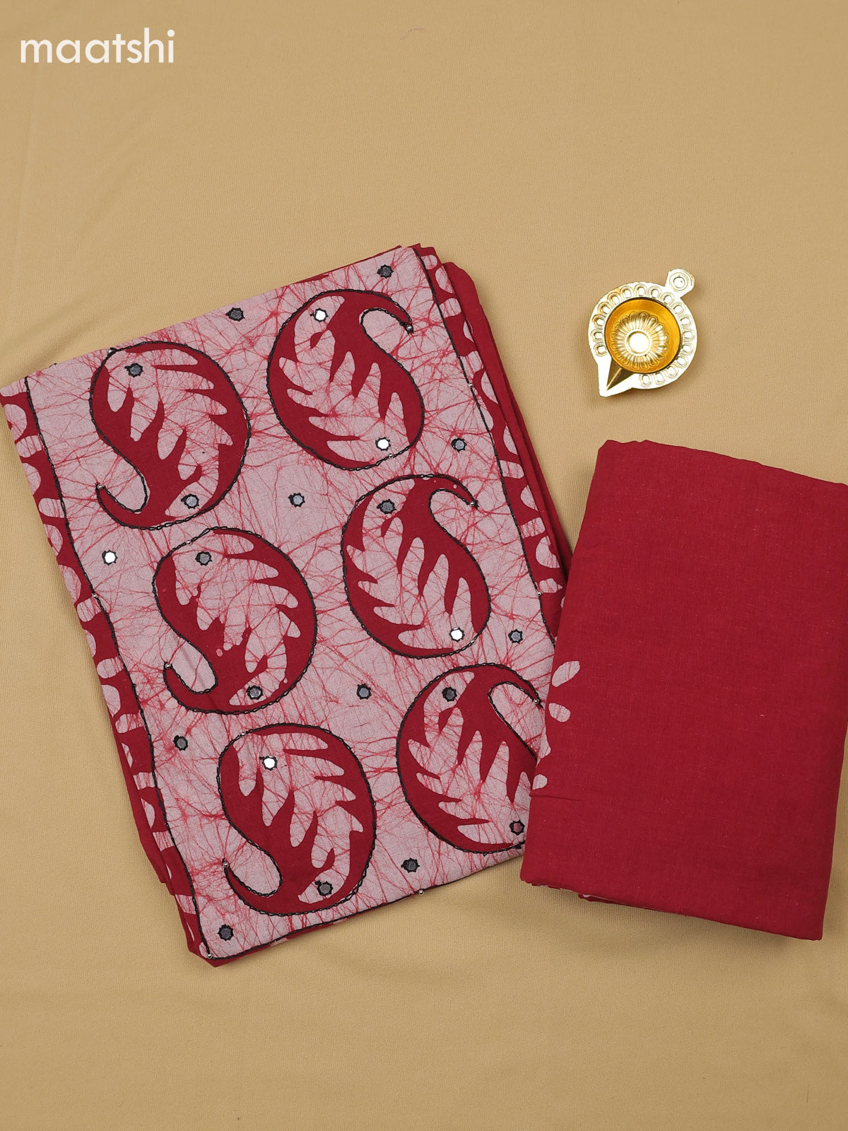 Maroon Cotton Dress Material With Batik Prints & Simple Embroidery Work Neck Pattern