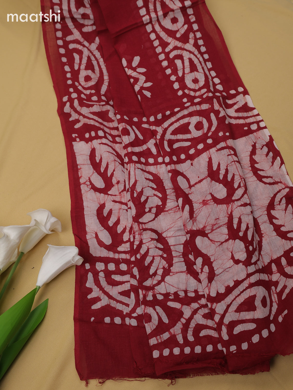 Maroon Cotton Dress Material With Batik Prints & Simple Embroidery Work Neck Pattern