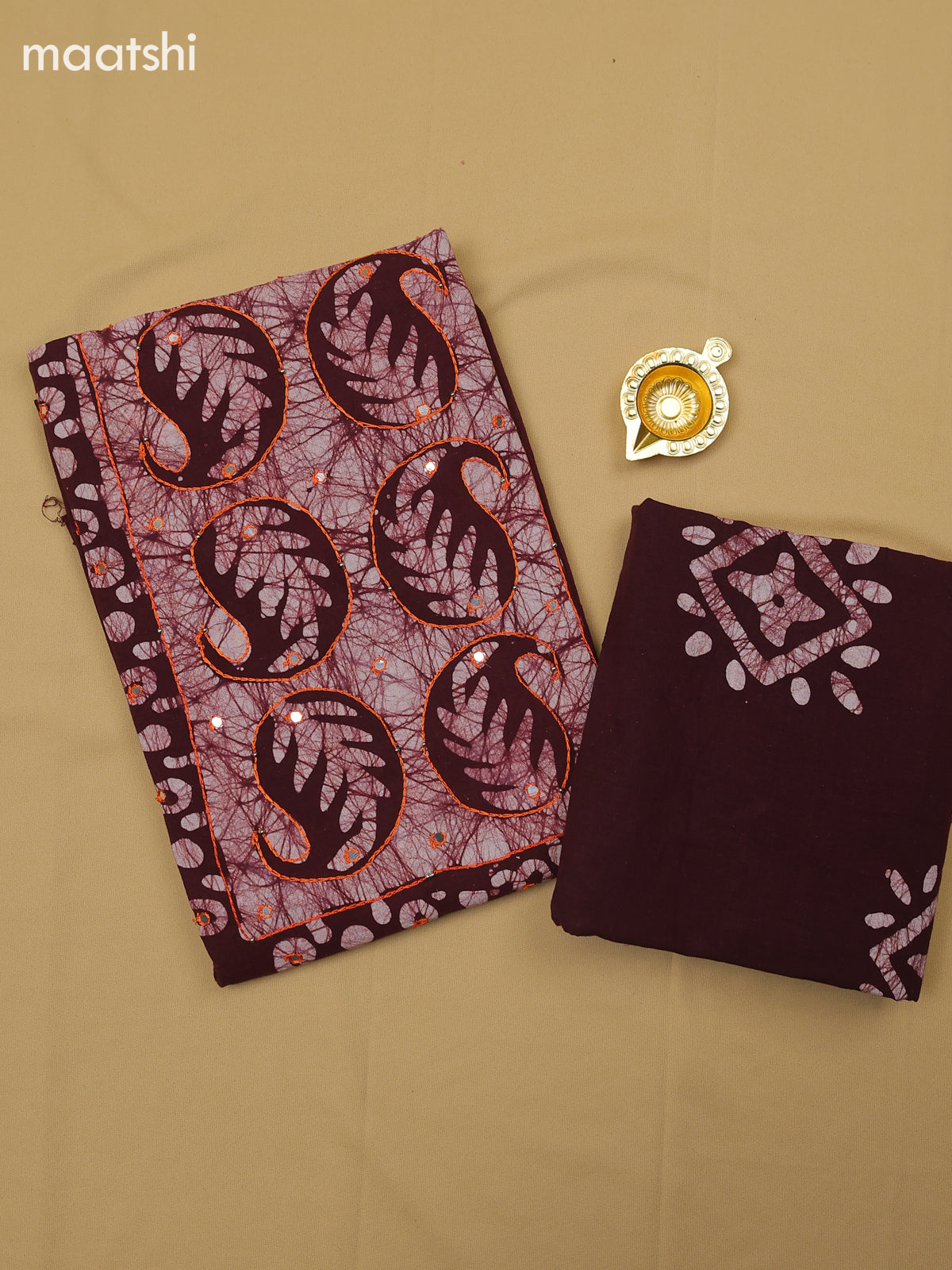 Brown Cotton Dress Material With Batik Prints & Simple Embroidery Work – Maatshi
