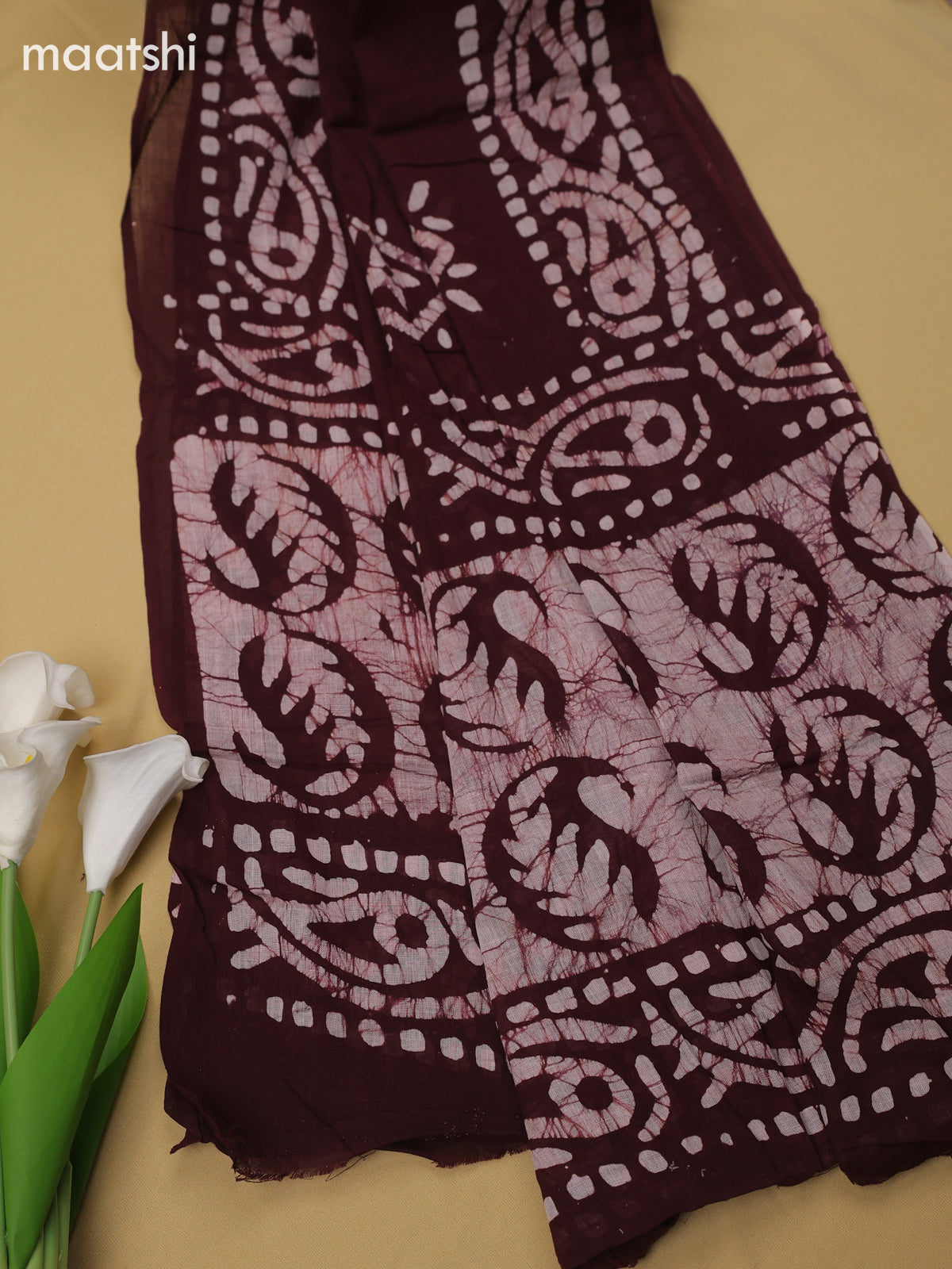 Brown Cotton Dress Material With Batik Prints & Simple Embroidery Work Neck Pattern