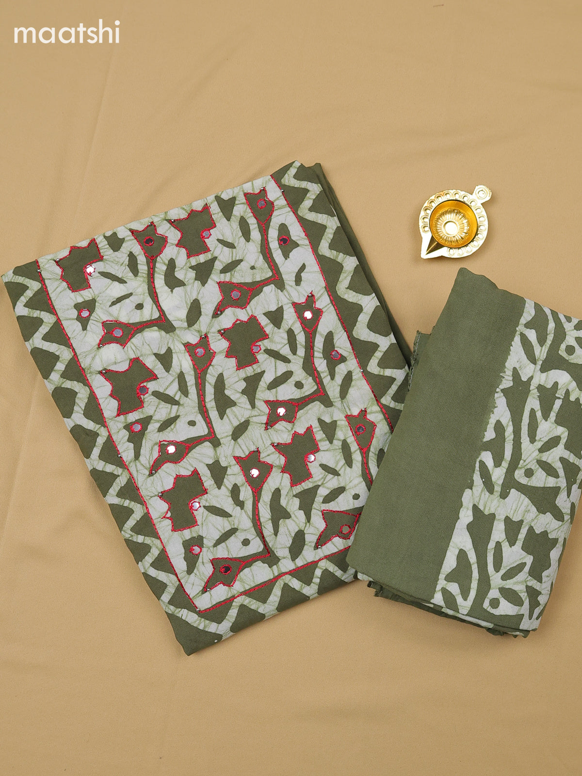 Green Cotton Dress Material With Batik Prints & Simple Embroidery Work Neck Pattern