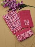 Pink Cotton Dress Material With Batik Prints & Simple Embroidery Work Neck Pattern