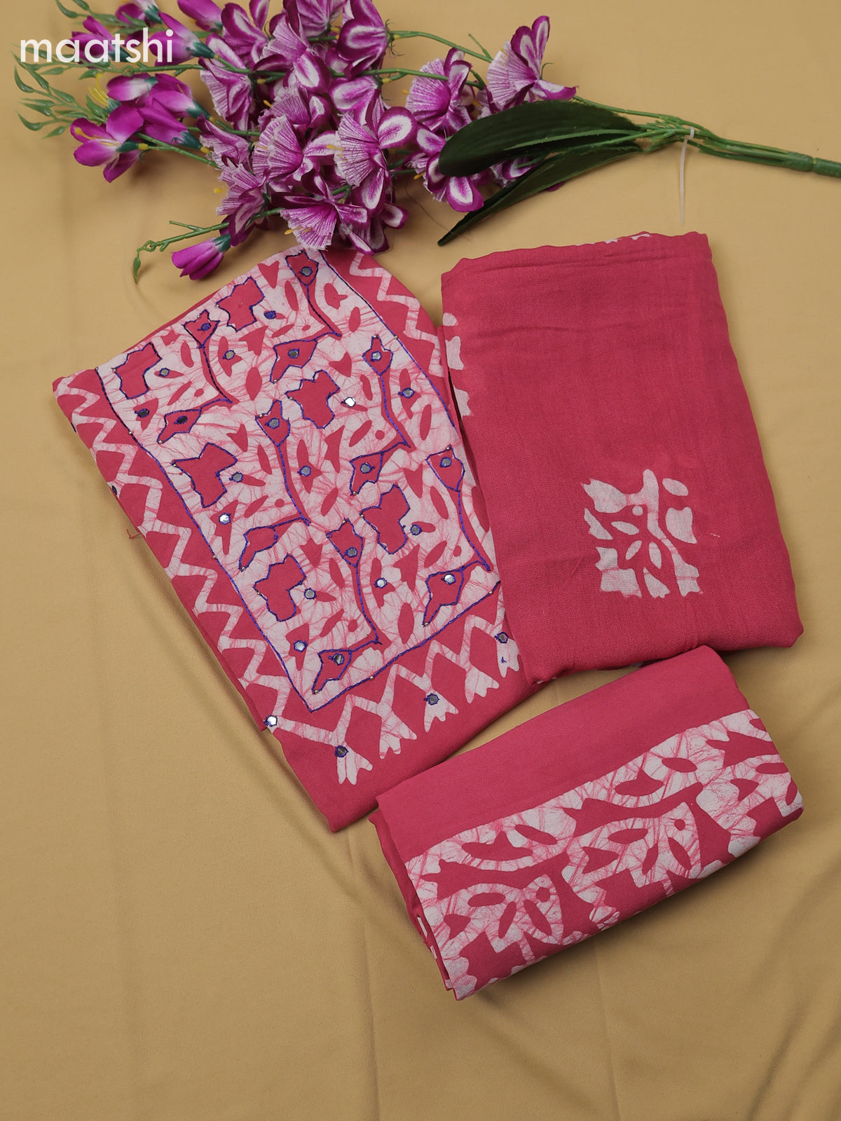 Pink Cotton Dress Material With Batik Prints & Simple Embroidery Work Neck Pattern