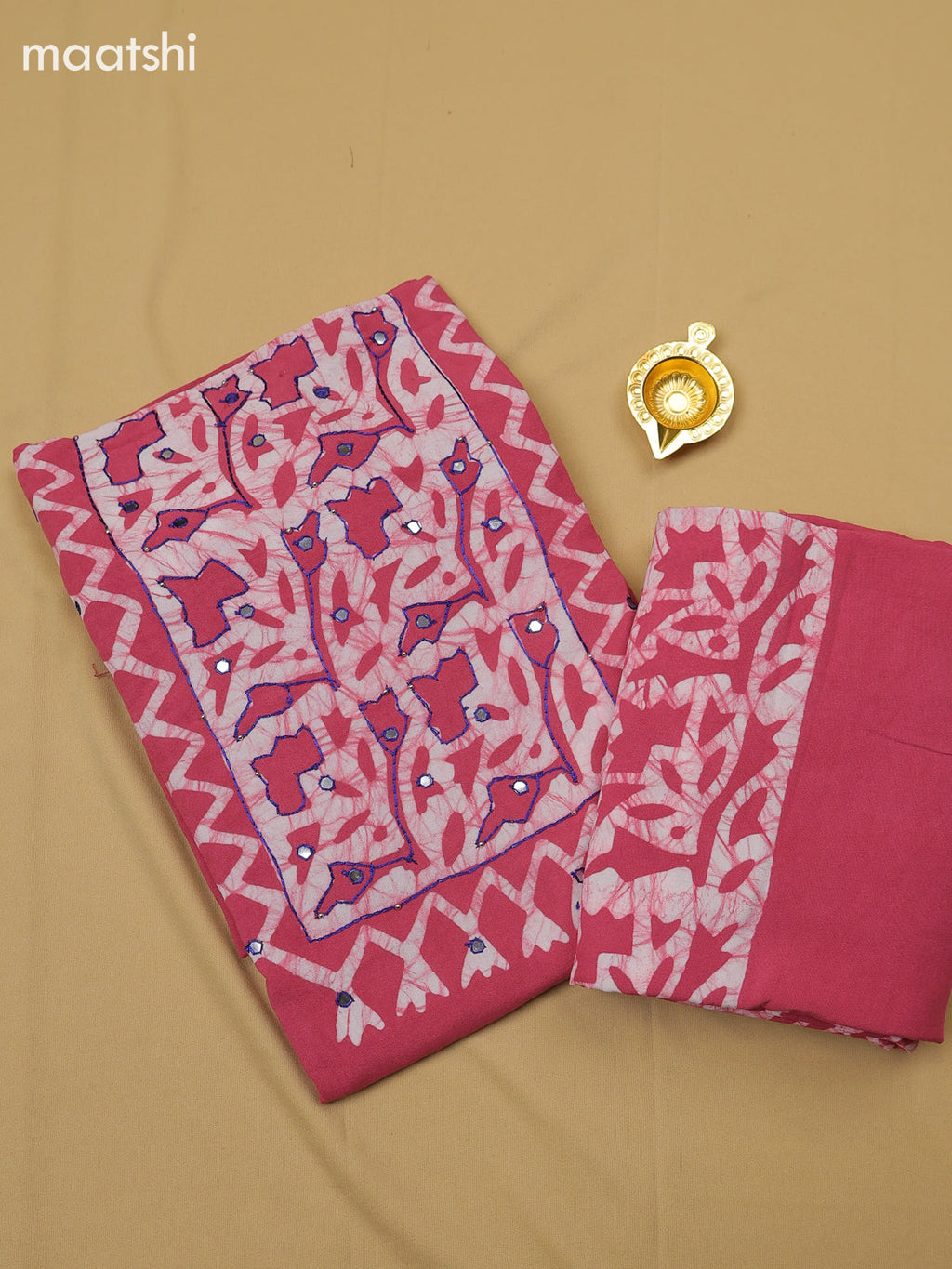 Pink Cotton Dress Material With Batik Prints & Simple Embroidery Work Neck Pattern