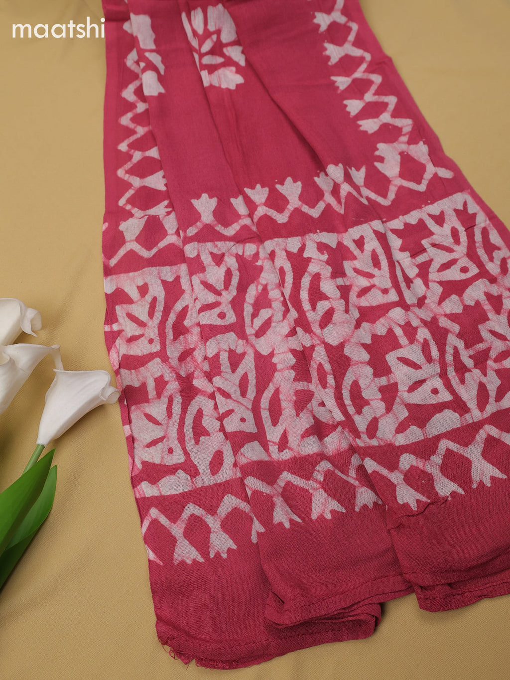 Pink Cotton Dress Material With Batik Prints & Simple Embroidery Work Neck Pattern