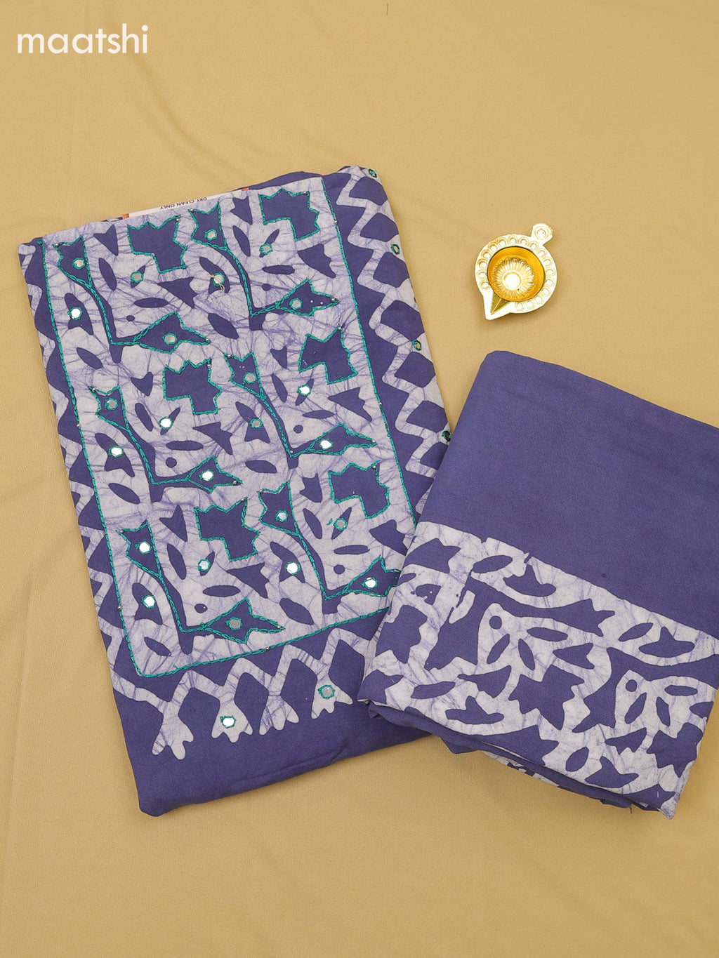 Blue Cotton Dress Material With Batik Prints & Simple Embroidery Work Neck Pattern