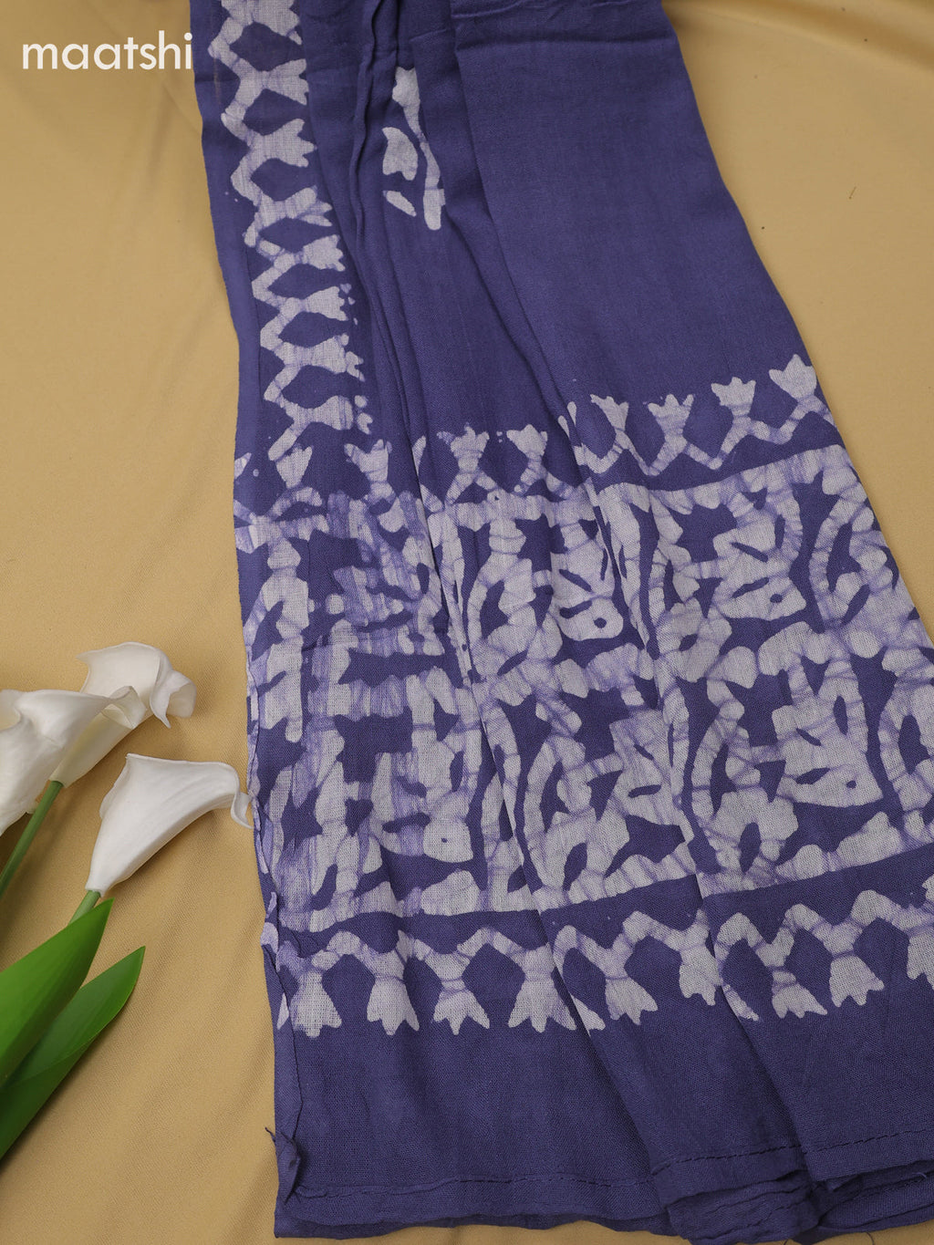 Blue Cotton Dress Material With Batik Prints & Simple Embroidery Work Neck Pattern