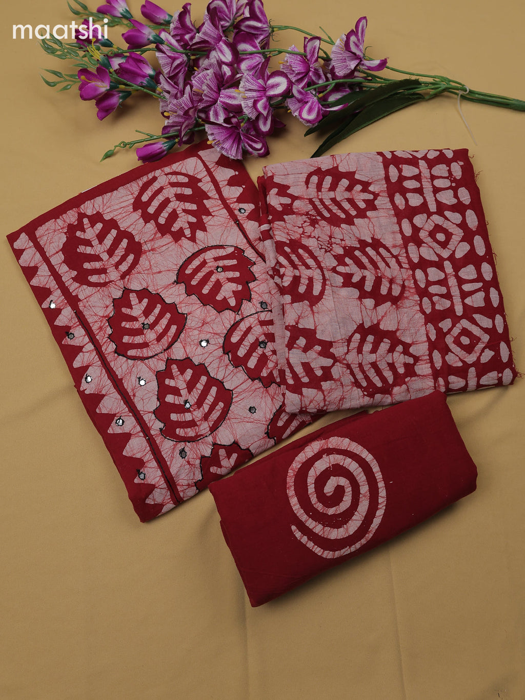 Maroon Cotton Dress Material With Batik Prints & Simple Embroidery Work Neck Pattern