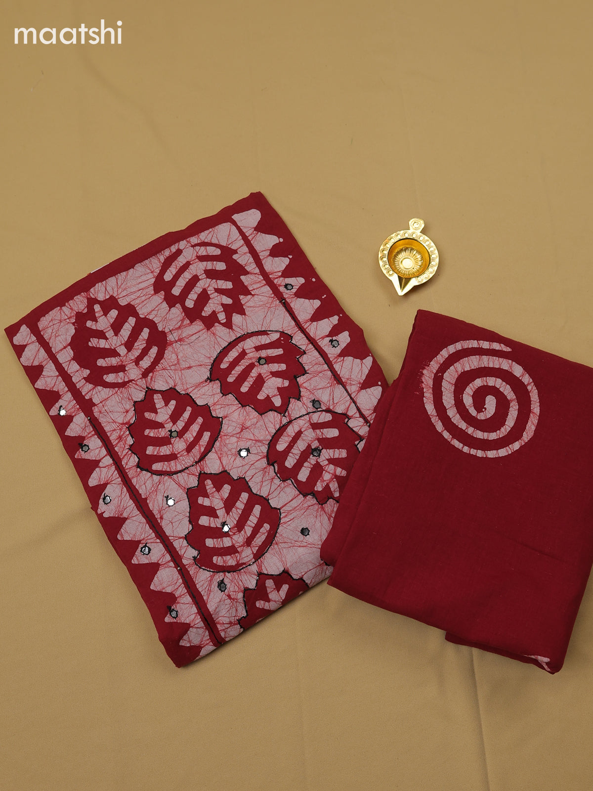 Maroon Cotton Dress Material With Batik Prints & Simple Embroidery Work Neck Pattern