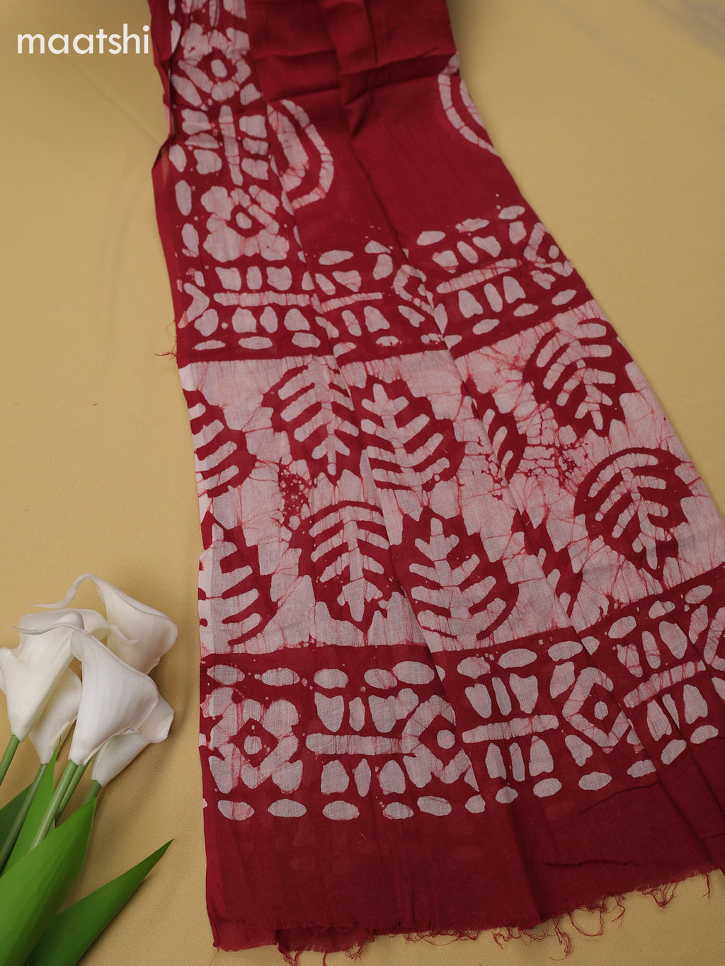 Maroon Cotton Dress Material With Batik Prints & Simple Embroidery Work Neck Pattern