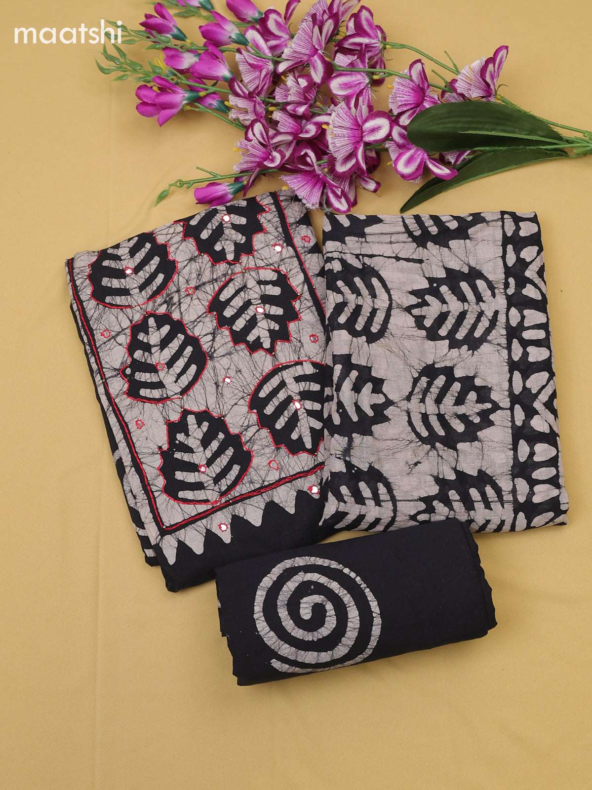Black Cotton Dress Material With Batik Prints & Simple Embroidery Work Neck Pattern