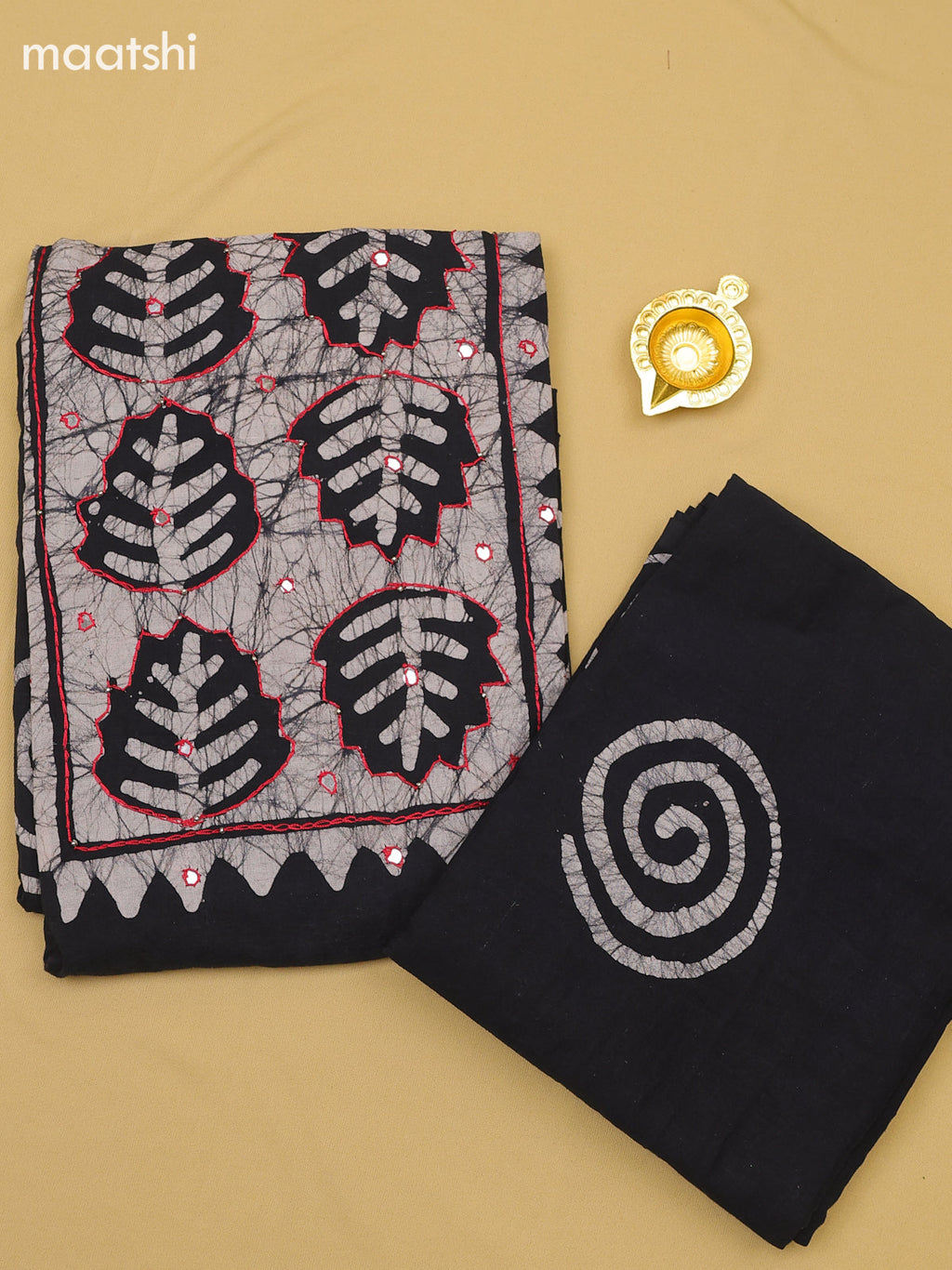 Black Cotton Dress Material With Batik Prints & Simple Embroidery Work Neck Pattern