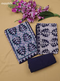 Navy Blue Cotton Dress Material With Batik Prints & Simple Embroidery Work Neck Pattern