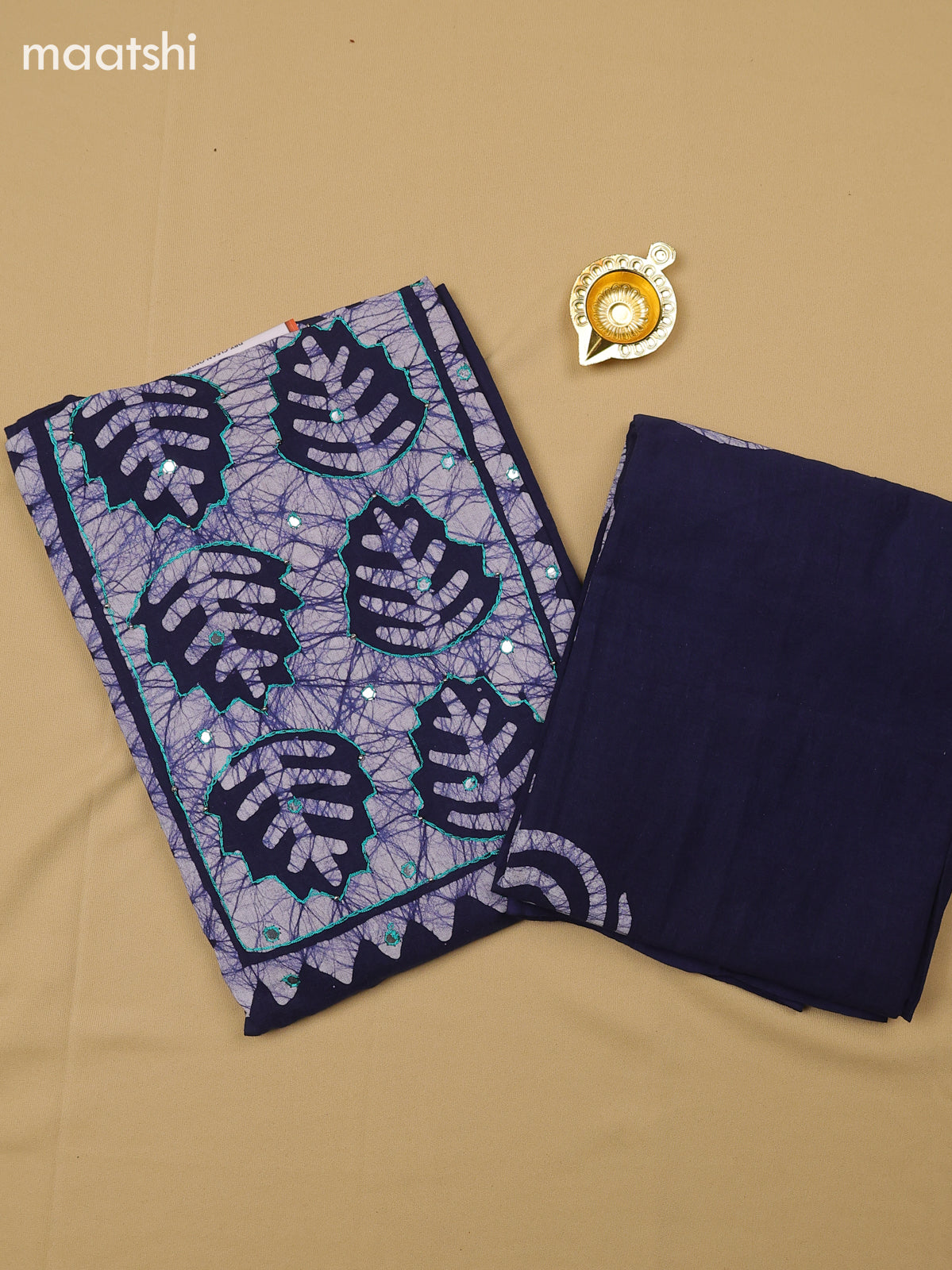 Navy Blue Cotton Dress Material With Batik Prints & Simple Embroidery Work Neck Pattern
